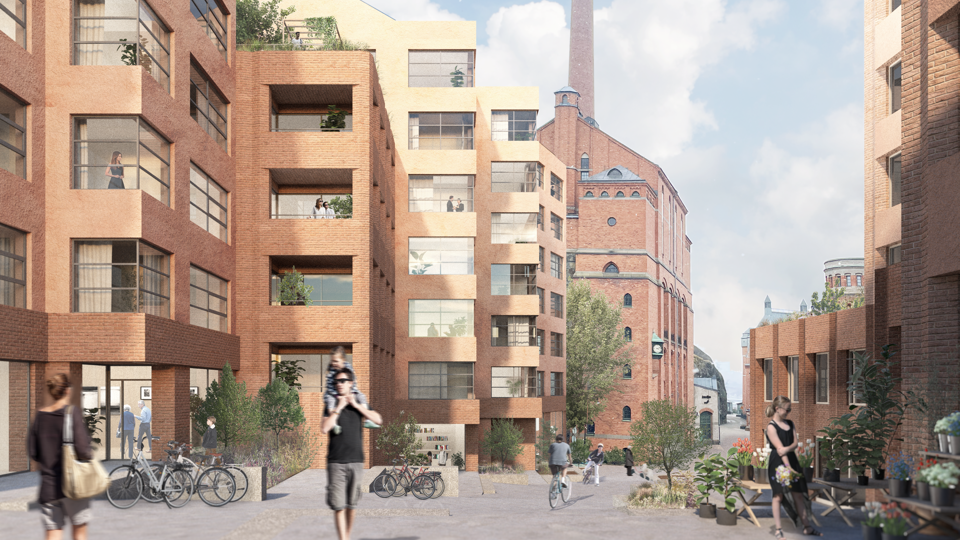 Vy från stråket ner mot den centrala platsen, med Bergshuset till höger och Gårdshuset till vänster. Illustration: Esencial